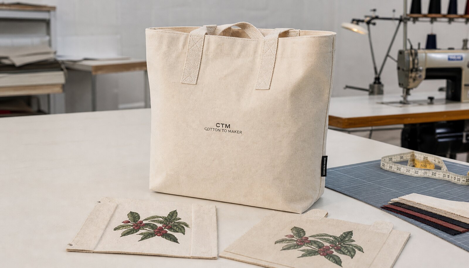 Natural canvas exhibition tote bag with a simple CTM CottonToMaker sample logo, photographed in a clean factory sample room.