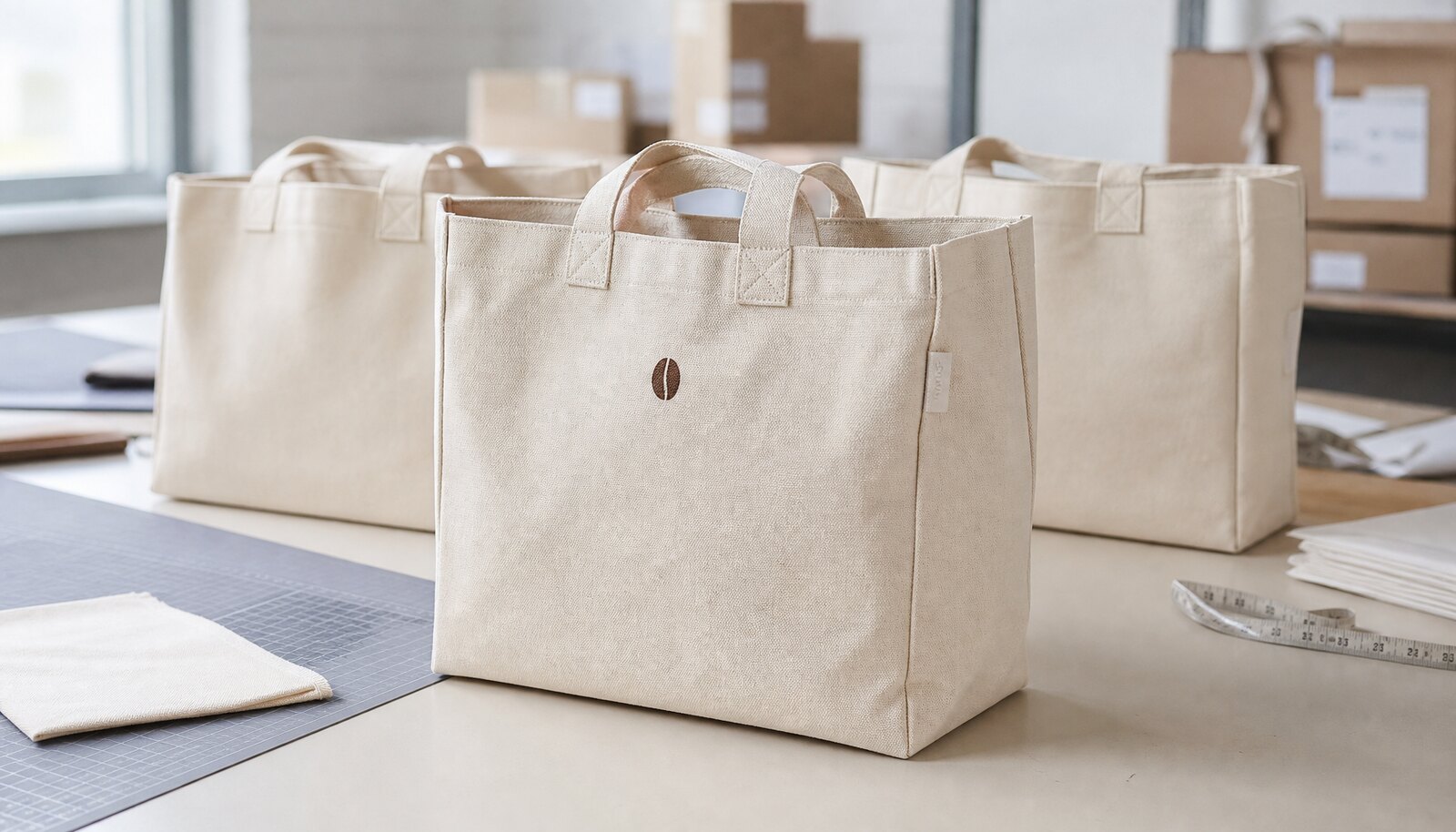 Canvas exhibition tote bags for coffee brands arranged in a factory sample inspection room with visible stitching and printed logo detail