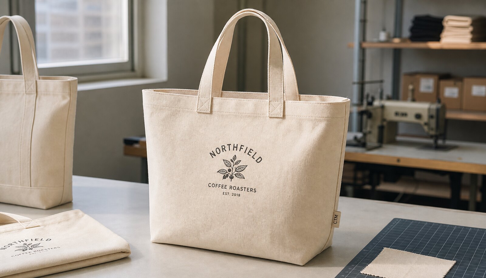 Photorealistic canvas exhibition tote bag sample with a simple CTM CottonToMaker side label in a factory sample room