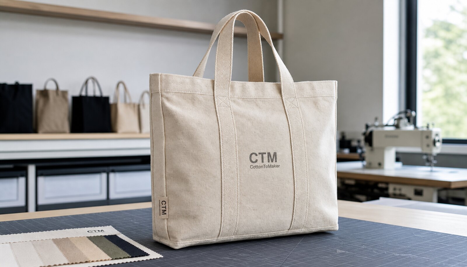 Canvas exhibition tote bag for coffee brand sourcing with CTM sample logo in a factory sample room