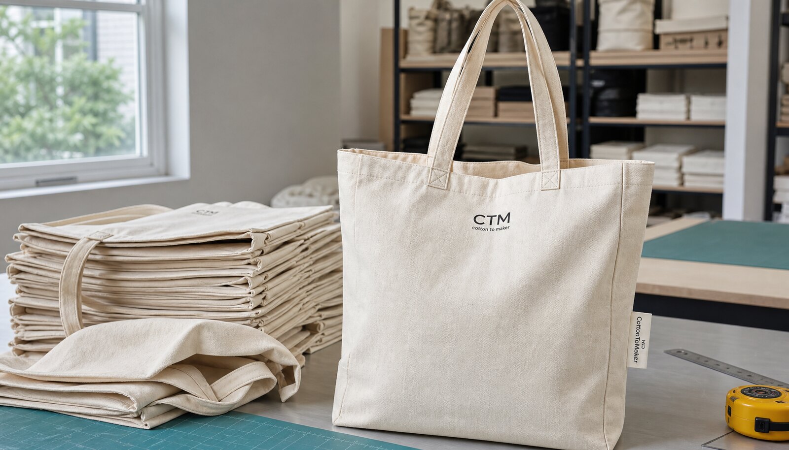 Natural canvas exhibition tote bag with a simple CTM sample logo printed on the front in a factory sample room