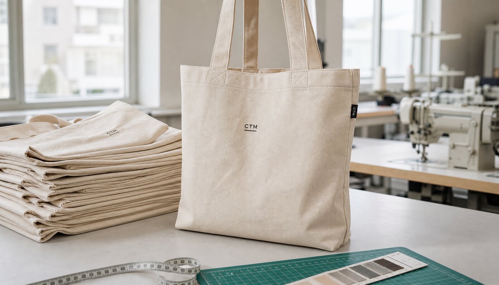 Natural canvas exhibition tote bag with a small CTM/CottonToMaker side label in a factory sample room