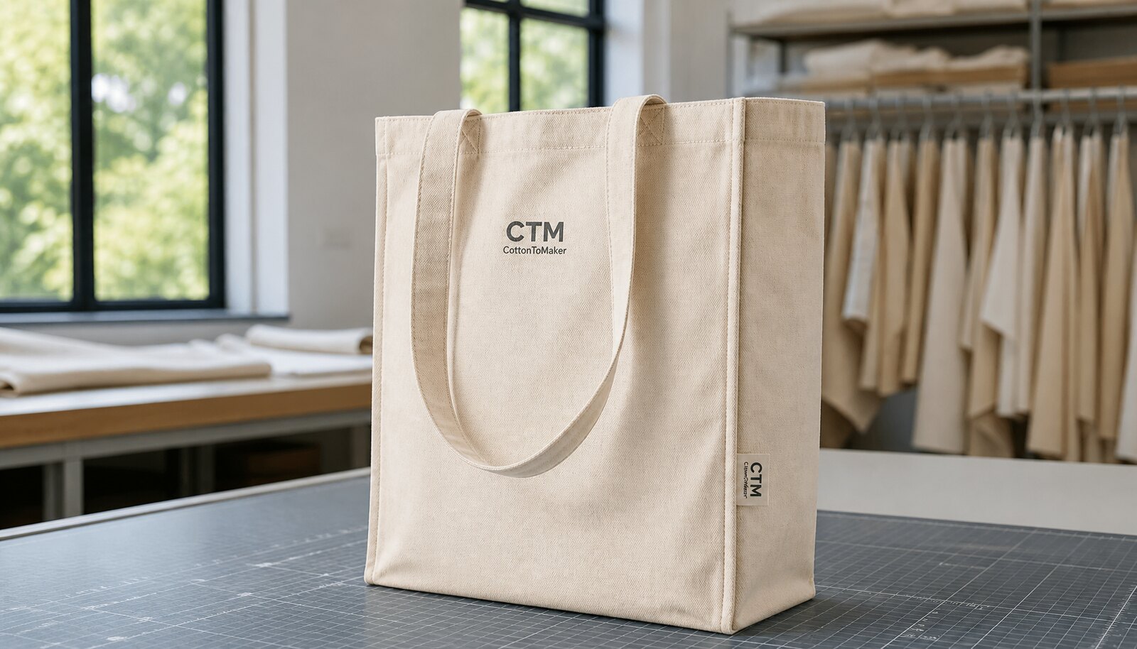 Natural canvas tote bag with CTM/CottonToMaker sample logo shown in a factory sample room