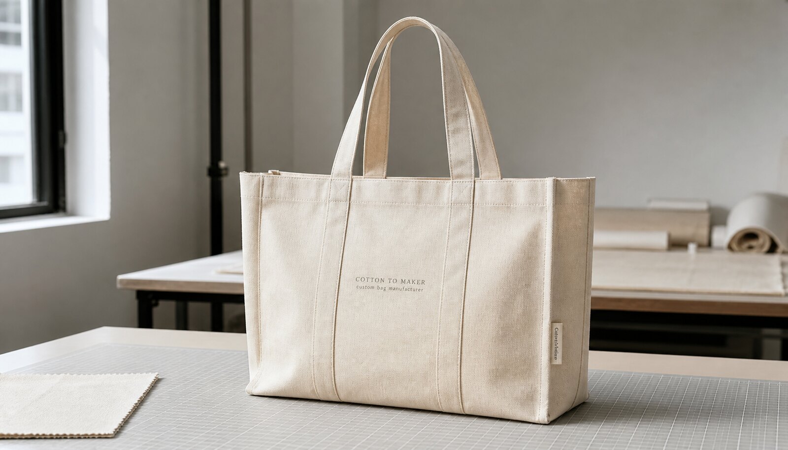 Natural canvas exhibition tote bag with a small CTM CottonToMaker side label in a clean sample room