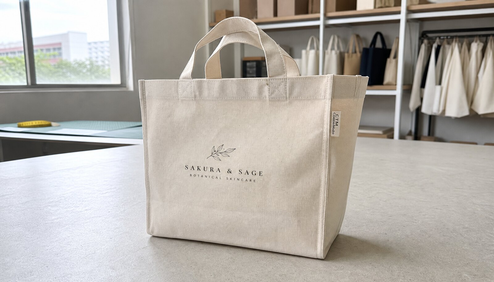 Canvas exhibition tote bag for cosmetic brands with a small CTM side label in a factory sample room