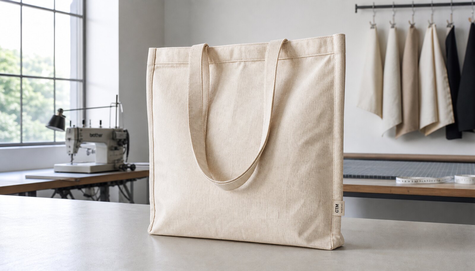 Photorealistic canvas exhibition tote bag with a small CTM CottonToMaker sample label in a factory sample room