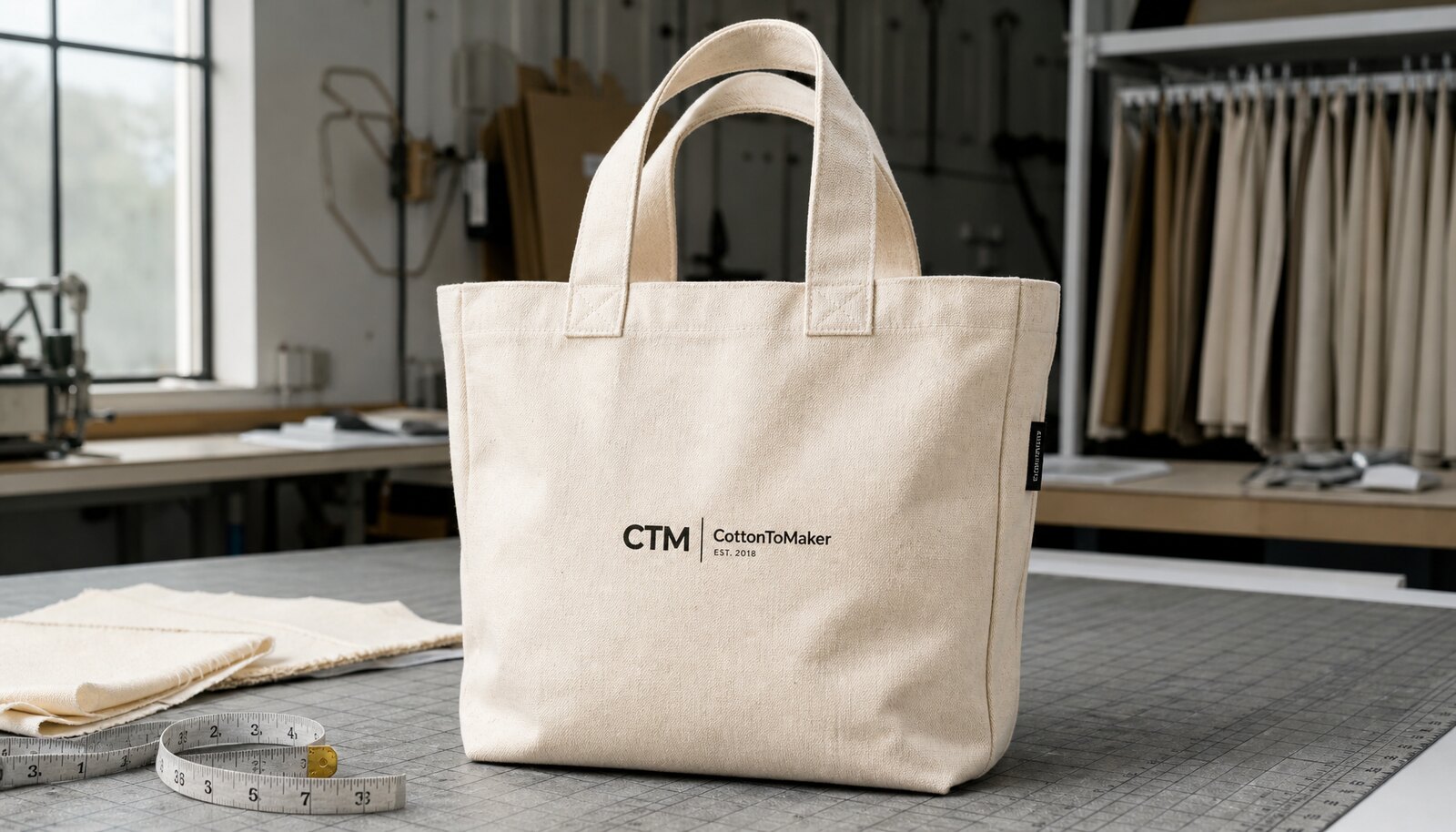 Natural canvas tote bag with a CTM sample logo, photographed in a clean factory sample room