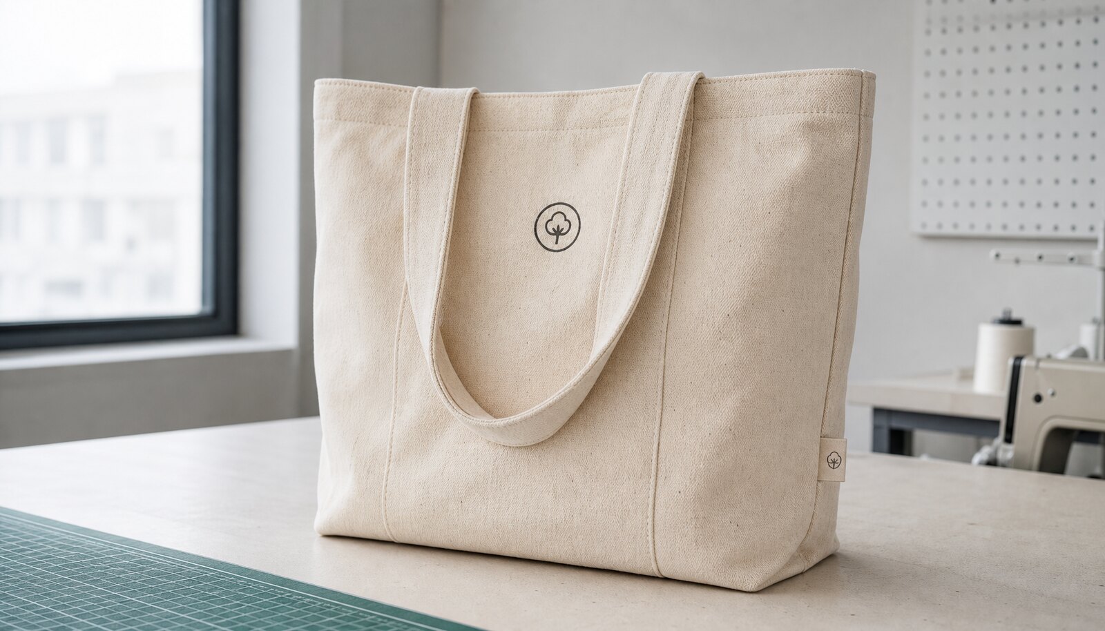 Natural canvas tote bag with a simple CTM logo printed on the front in a factory sample room