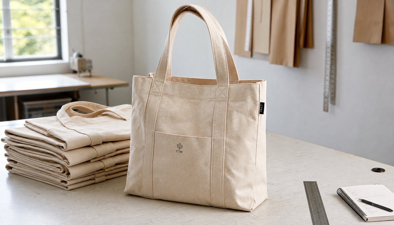 Canvas exhibition tote bag with a simple CTM logo printed in a factory sample room
