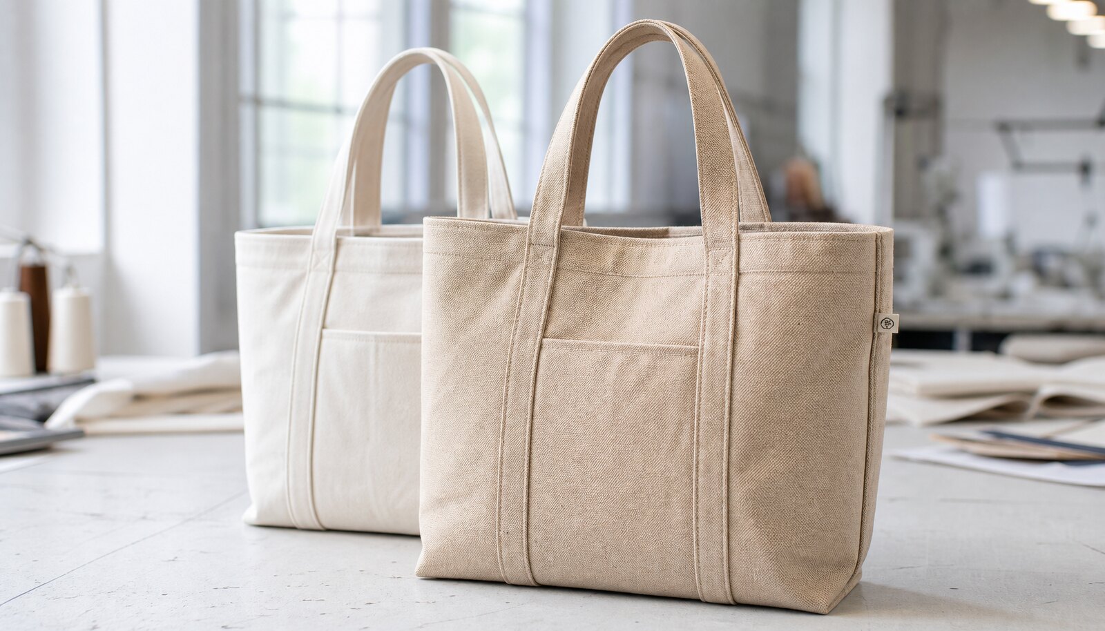 Photorealistic canvas exhibition tote bags with a simple CTM sample logo in a factory sample room.