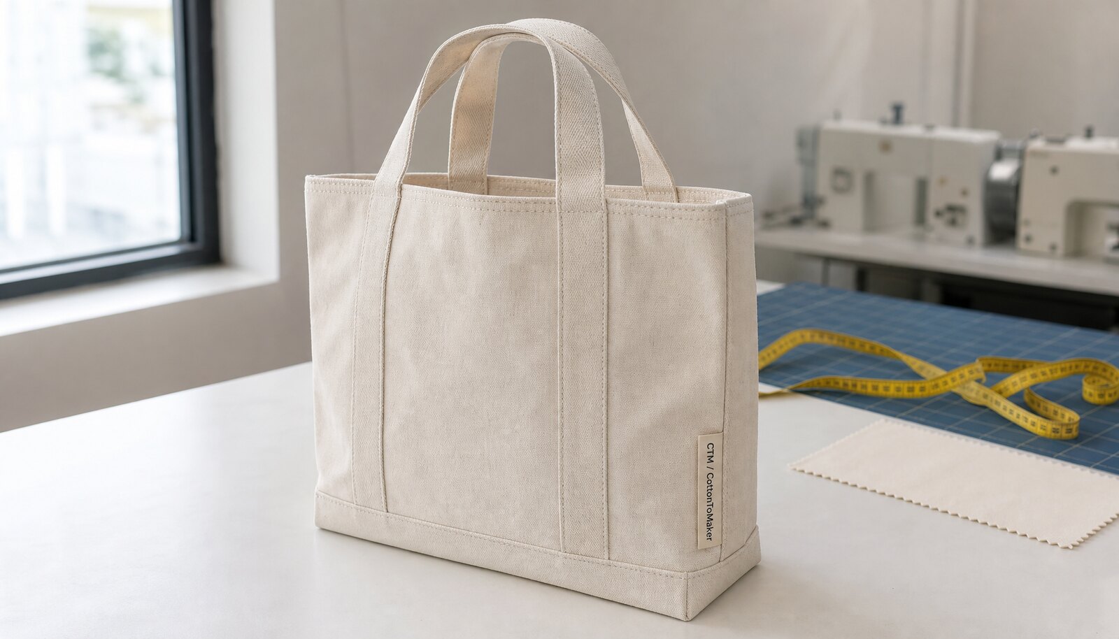 Canvas exhibition tote bag with CTM sample logo in a clean factory sample room.