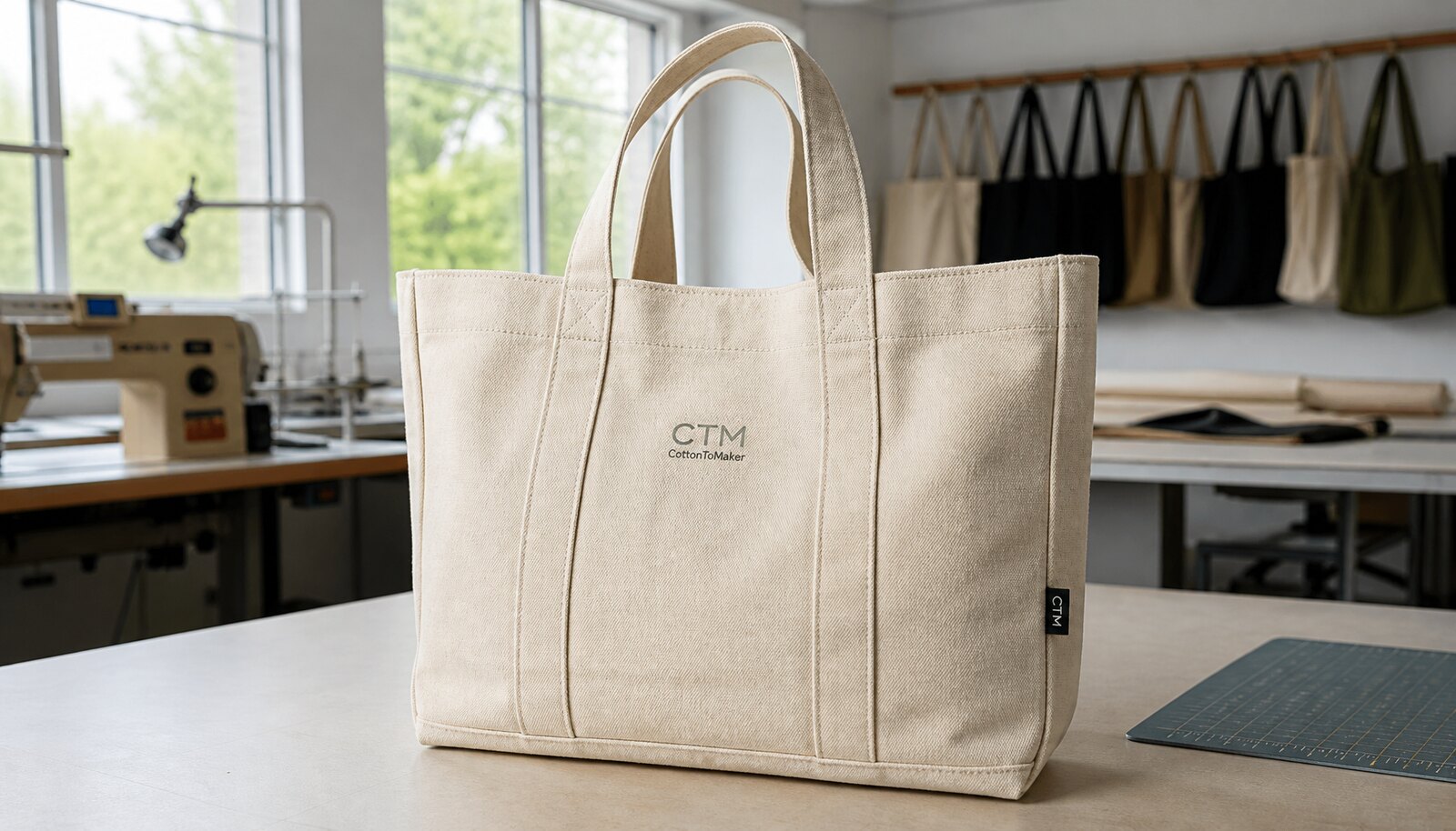 Photorealistic canvas tote bag sample with a simple CottonToMaker logo in a factory sample room