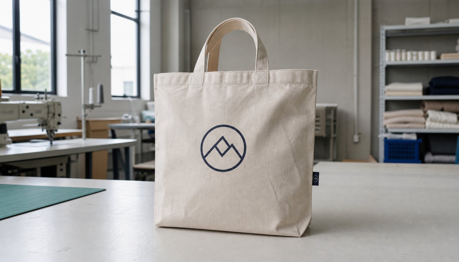 Photorealistic canvas tote bag sample with a logo and side label in a factory sample room.