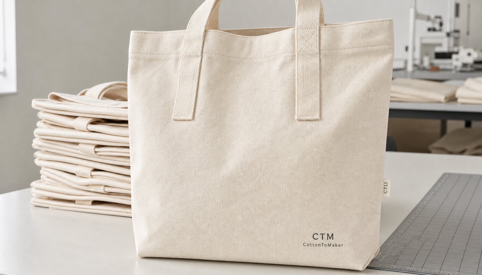 Stack of cream canvas tote bags with a small CTM CottonToMaker logo in a clean sample room