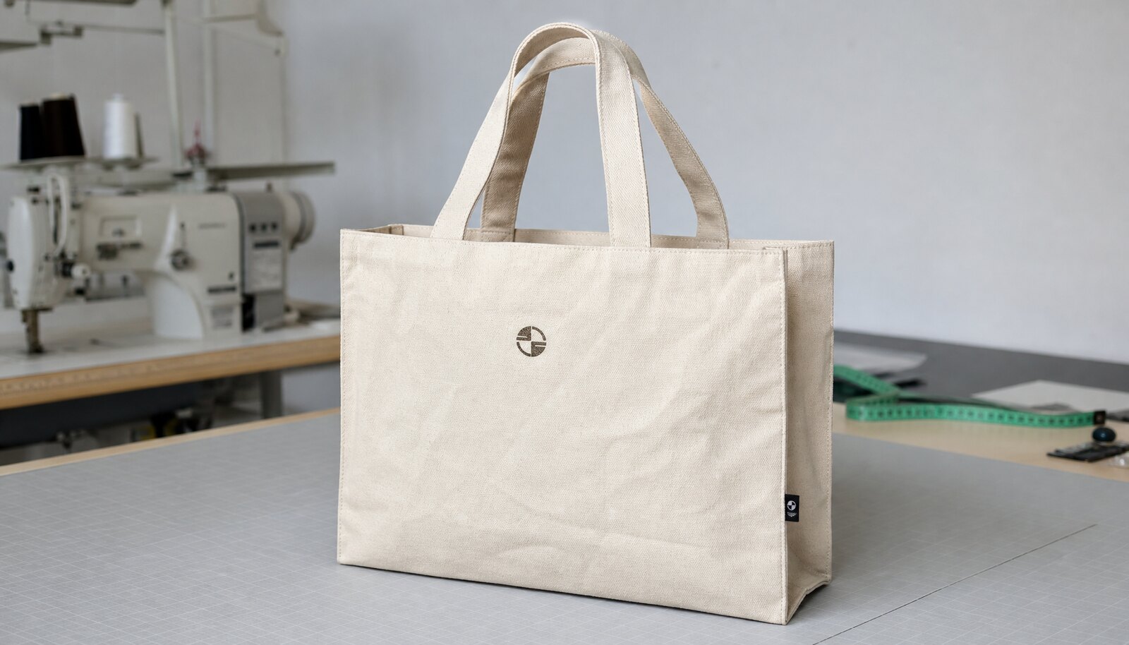 Natural canvas exhibition tote bag with a small CTM/CottonToMaker sample logo in a clean factory sample room