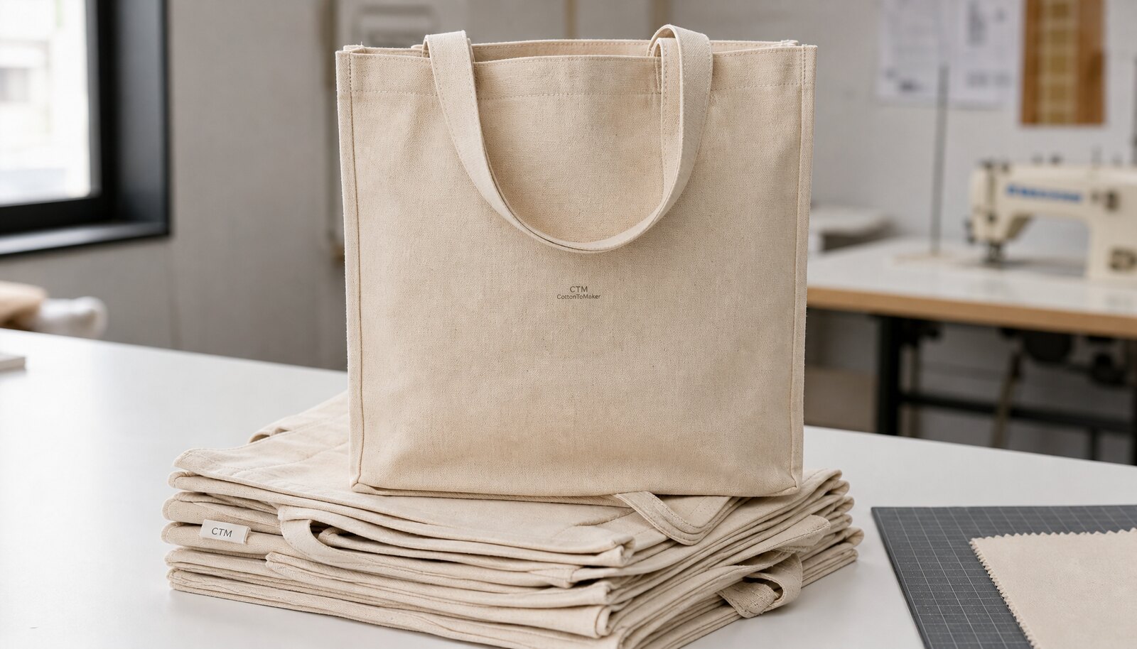 Natural canvas exhibition tote bags for hotels with a simple CTM CottonToMaker sample logo printed on the bag in a factory sample room