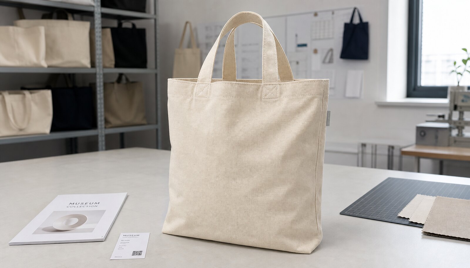 Canvas exhibition tote bag with CTM woven side label shown in a clean factory sample room