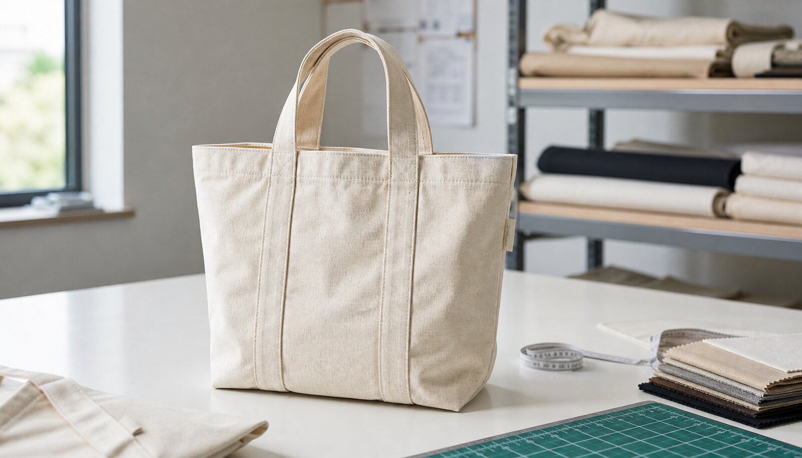 Natural canvas exhibition tote bag with a sewn CTM CottonToMaker label in a factory sample room