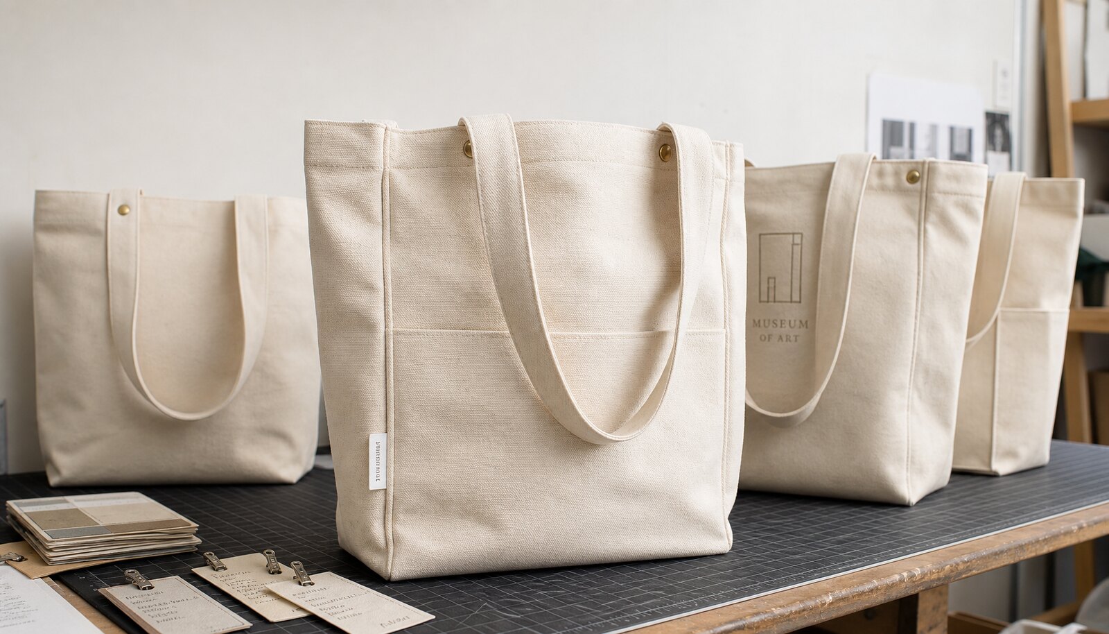Natural canvas exhibition tote bags in a factory sample room with a small CottonToMaker side label