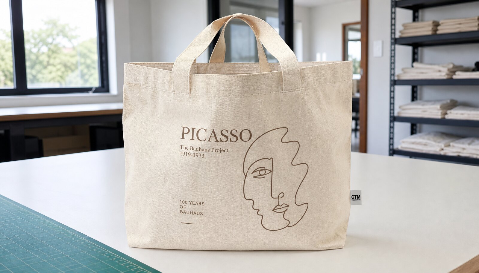 Natural canvas museum exhibition tote bag with a sewn CTM sample label in a clean sample room