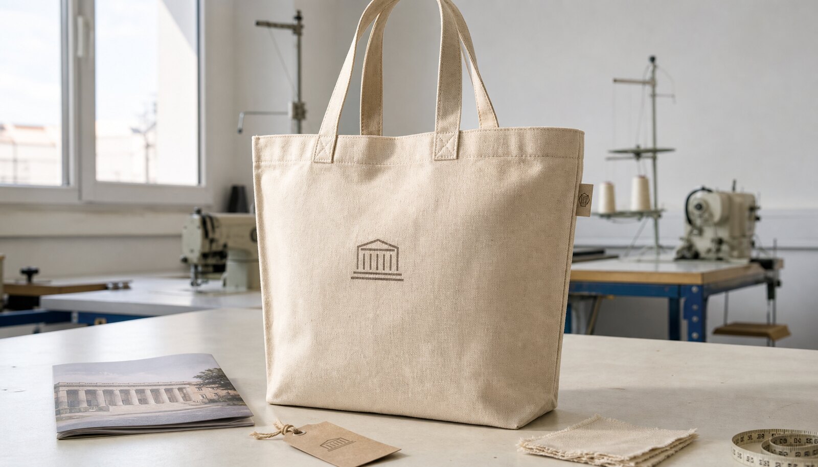 Natural canvas exhibition tote bag with a simple museum-style logo printed directly on the bag in a factory sample room