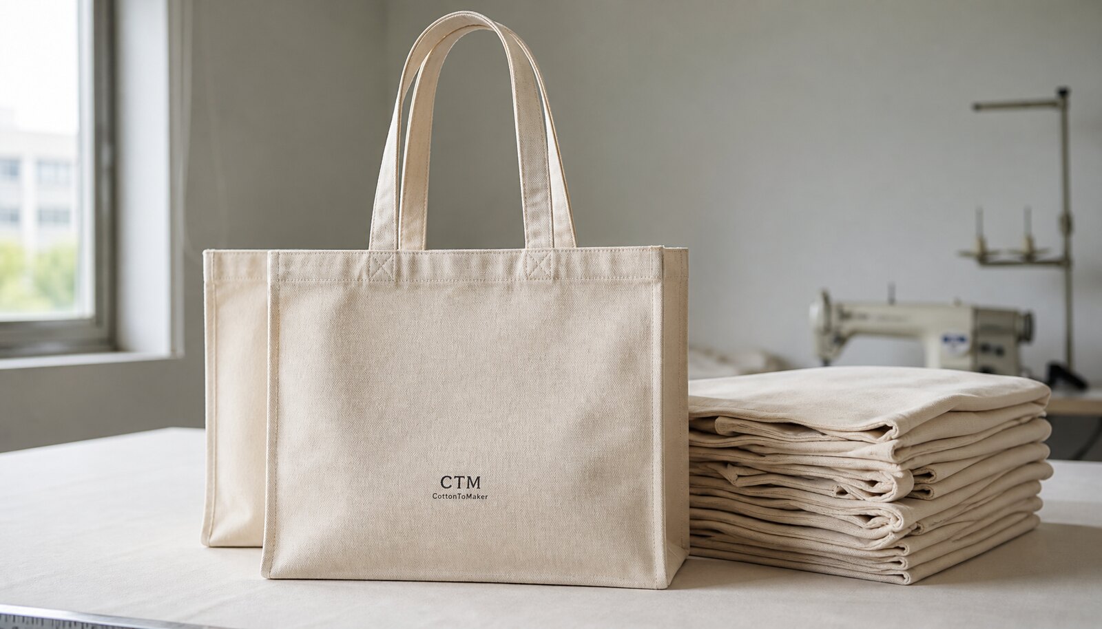 Natural canvas exhibition tote bag with CTM/CottonToMaker logo printed on the front in a clean factory sample room