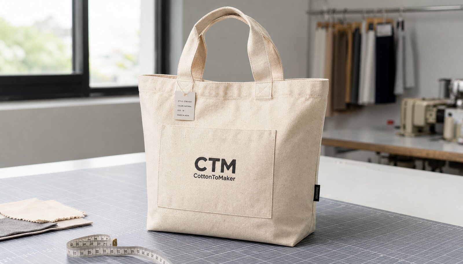 Photorealistic canvas tote bag sample with a simple CTM CottonToMaker logo in a clean factory sample room.