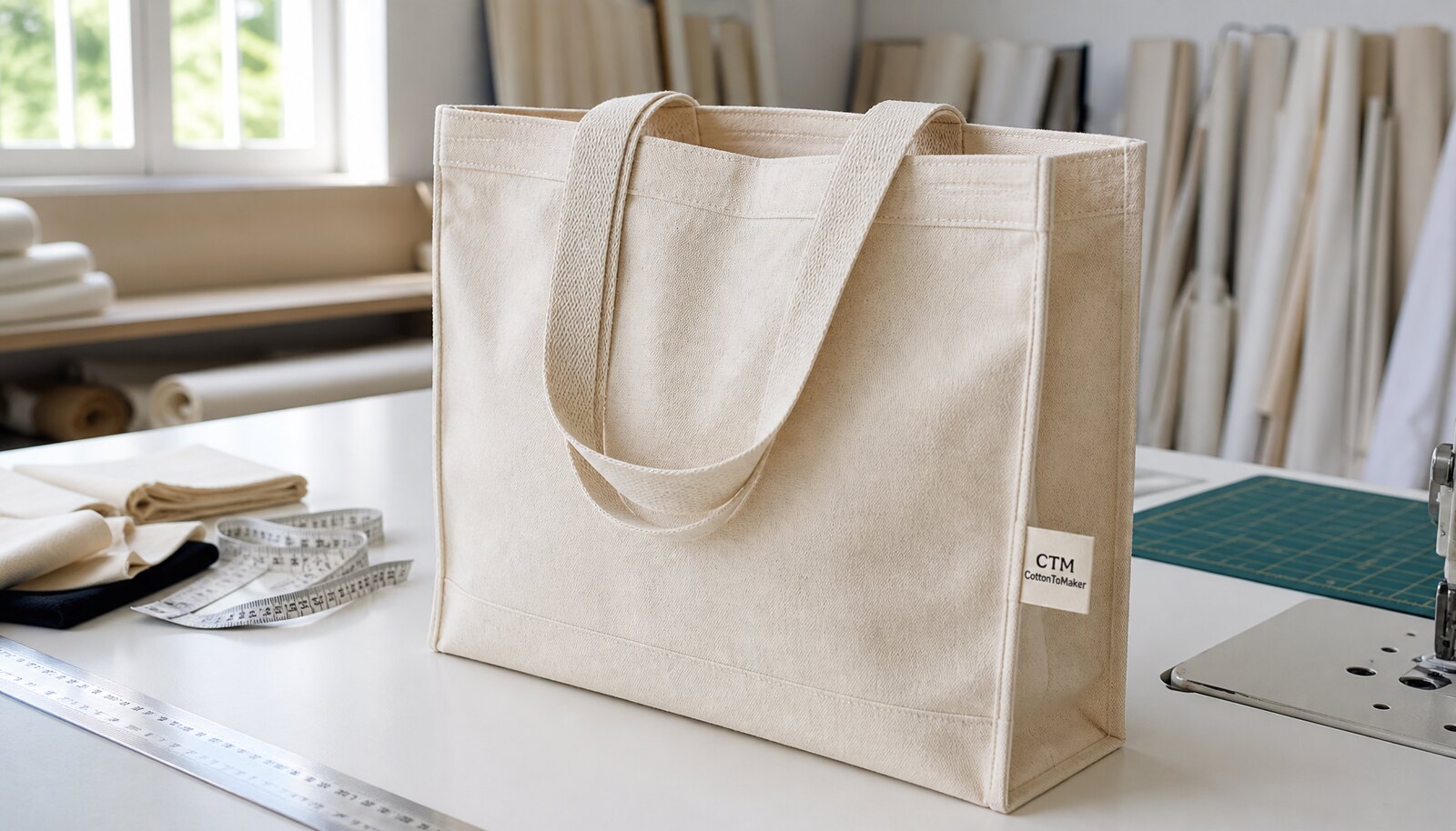 Natural canvas exhibition tote bag with a simple CTM CottonToMaker sample logo shown in a clean factory sample room.