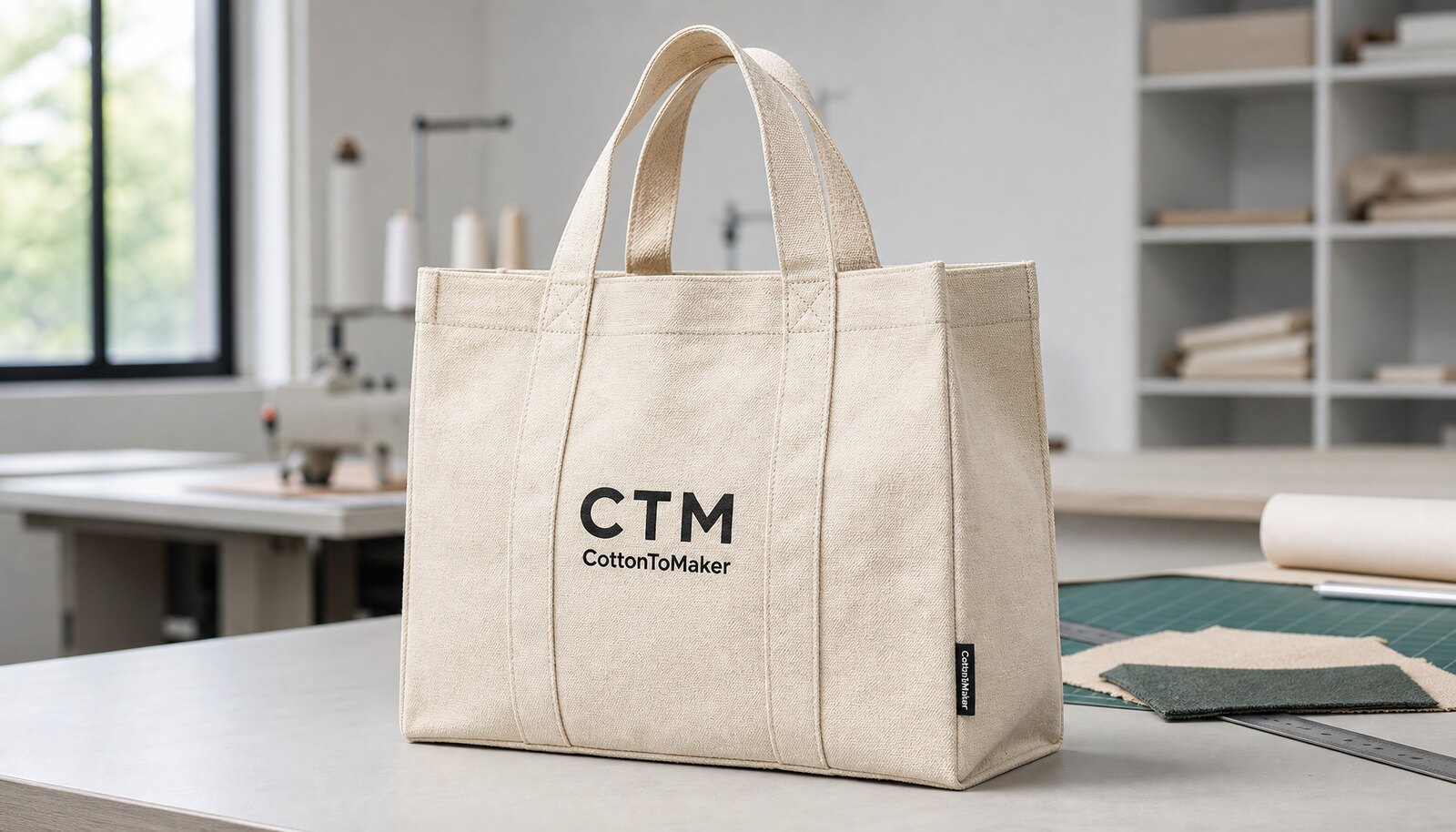Canvas exhibition tote bag with a CTM CottonToMaker logo in a factory sample room