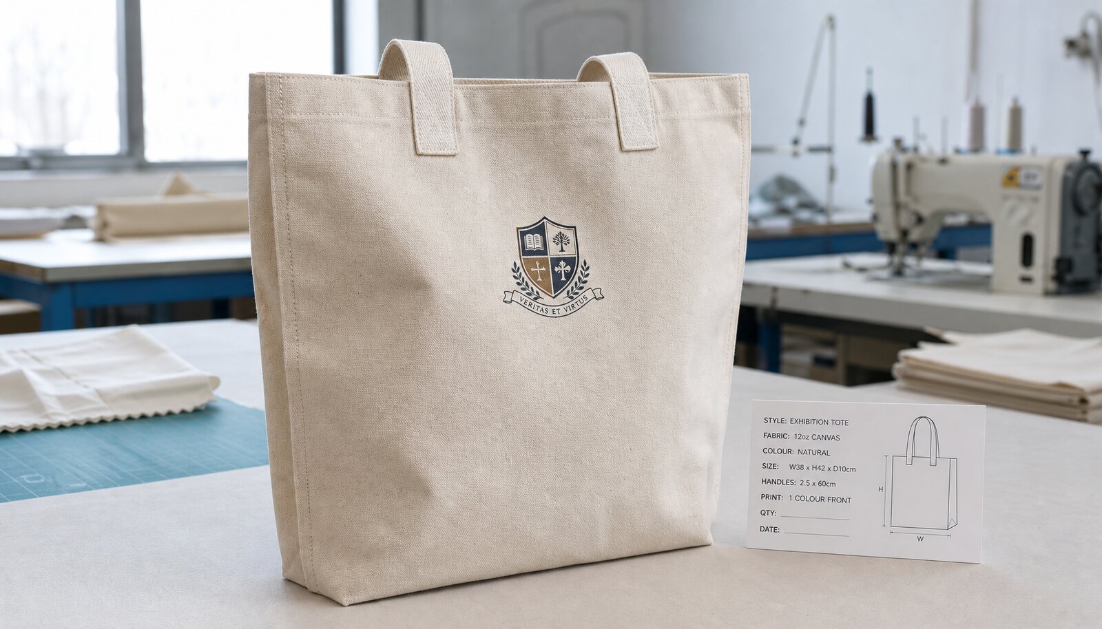 A natural canvas exhibition tote bag with a small school-style crest printed on the front in a factory sample room
