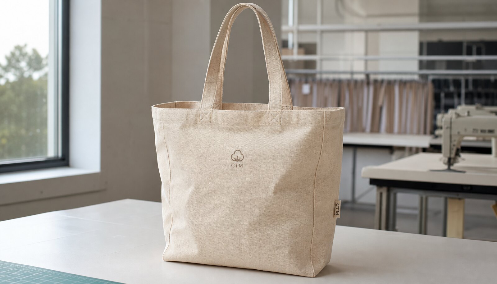 Natural canvas exhibition tote bag with a small CTM CottonToMaker woven side label in a clean sample room