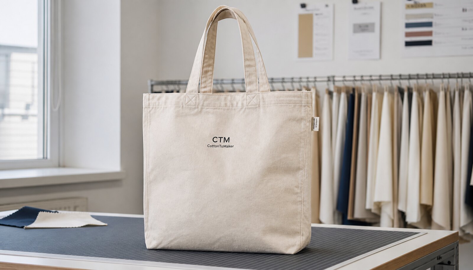 Natural canvas exhibition tote bag for schools with a small CTM sample logo shown in a factory sample room