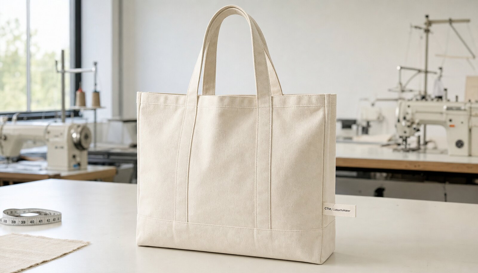 Natural canvas exhibition tote bag with a stitched CTM CottonToMaker side label in a clean sample room.