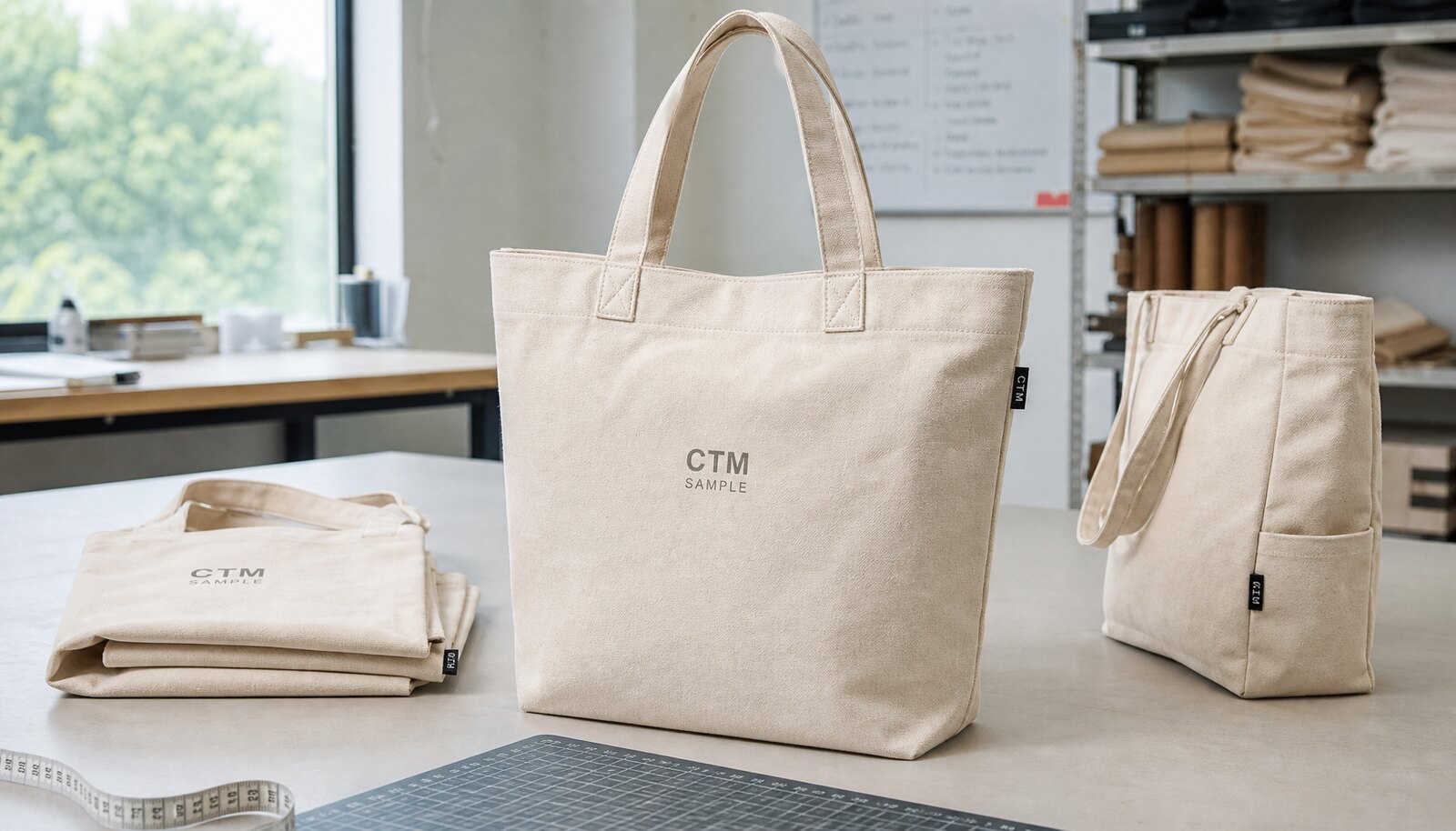 Natural canvas tote bag with a simple sample logo in a factory sample room