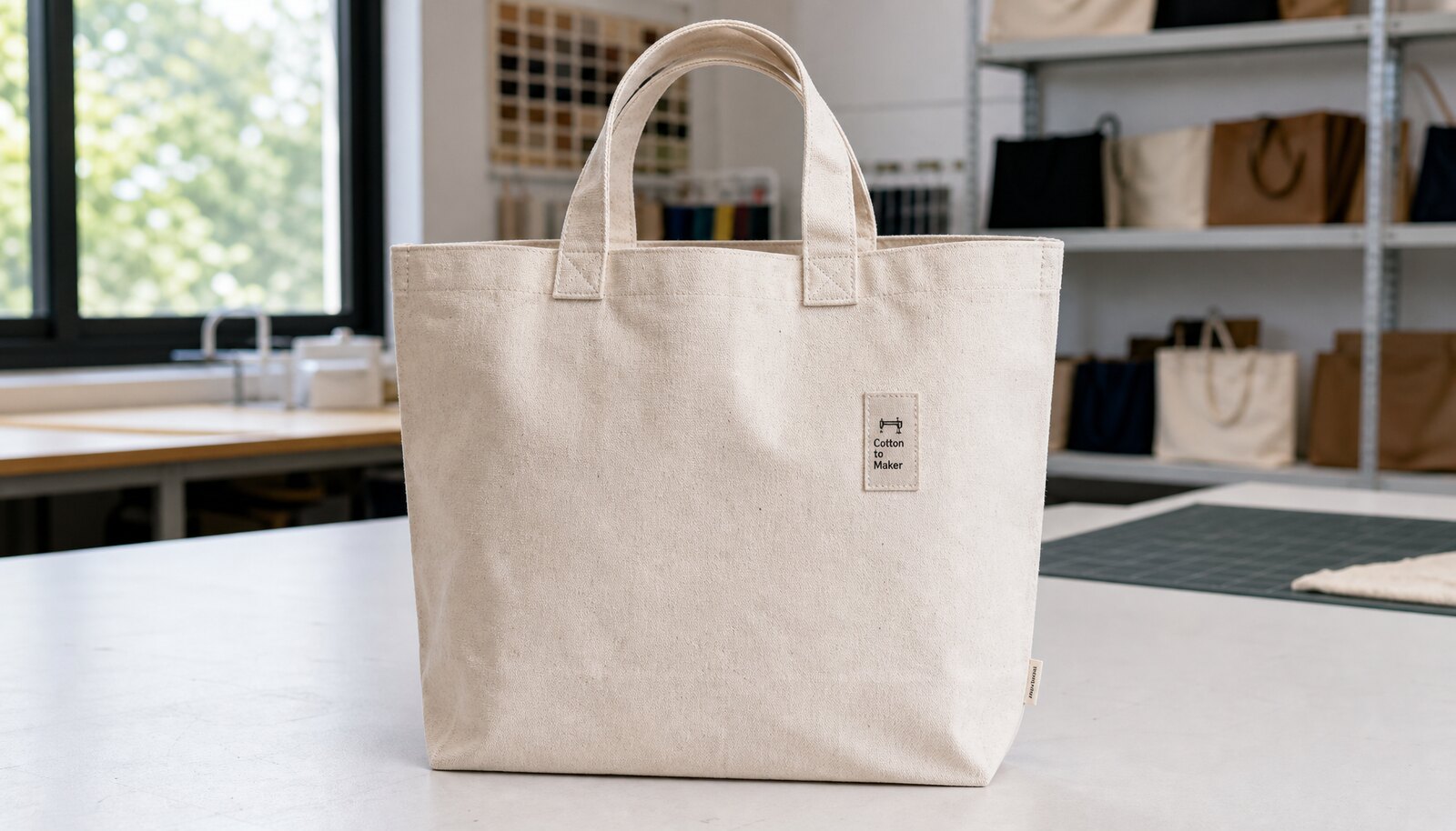 Photorealistic canvas exhibition tote bag with a simple CTM CottonToMaker sample logo shown in a clean factory sample room