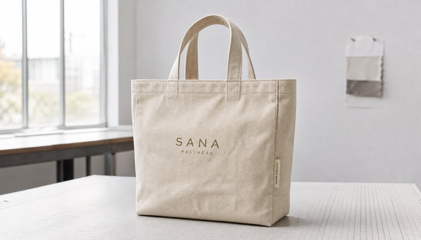 Natural canvas exhibition tote bag with a small CTM/CottonToMaker side label in a clean factory sample room