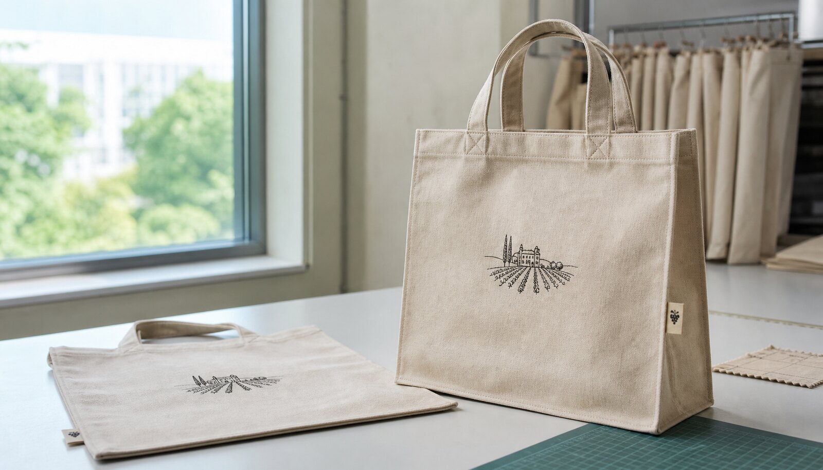 Heavy canvas exhibition tote bag with a simple CTM logo printed in a clean factory sample room
