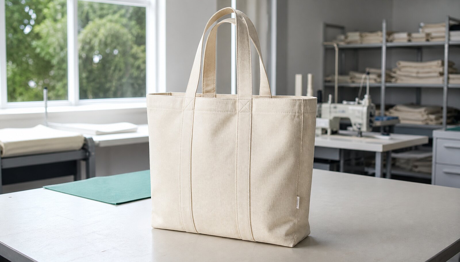 Natural canvas exhibition tote bag shown in a clean factory sample room