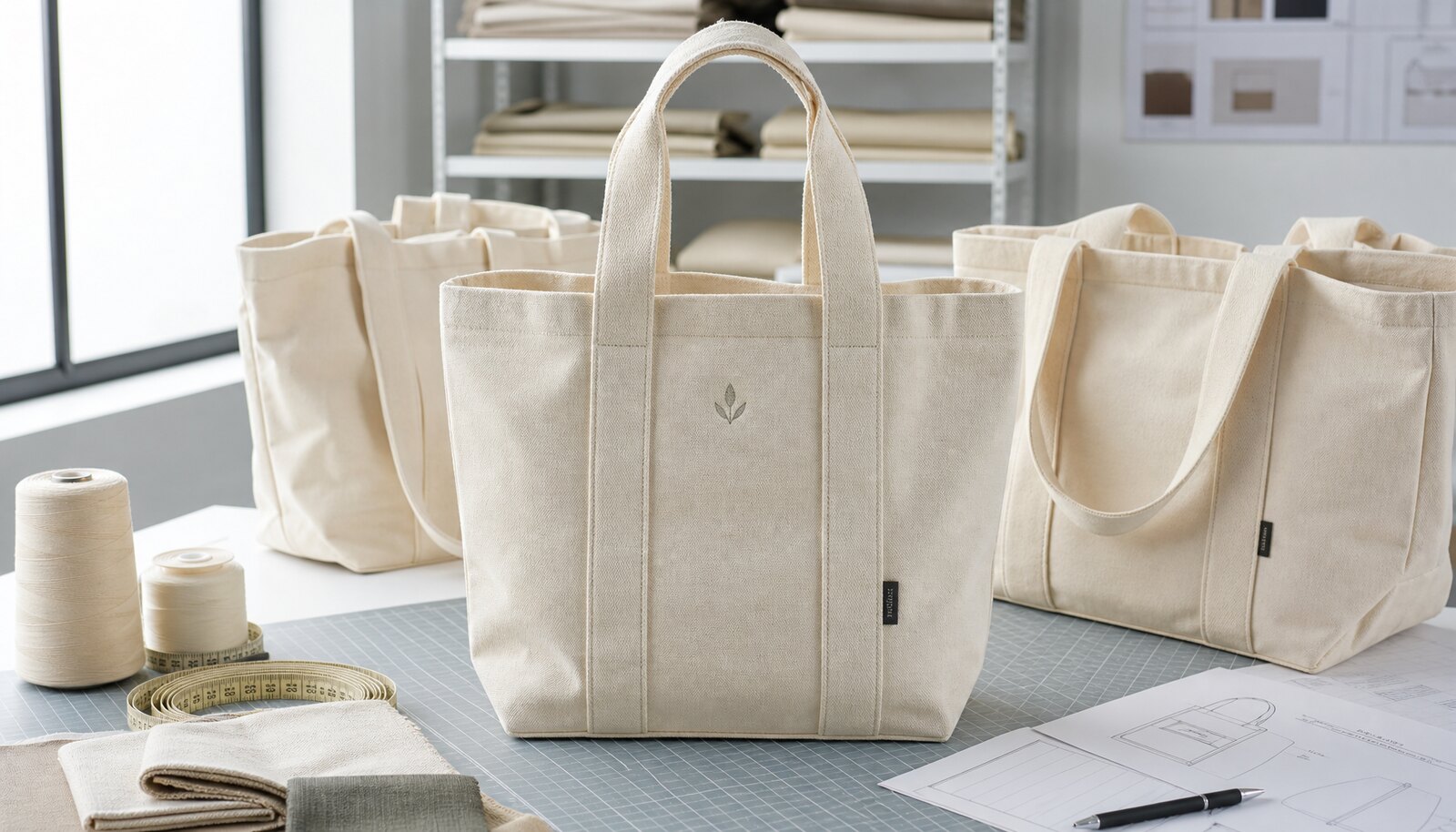 Canvas exhibition tote bags for wineries with a CTM CottonToMaker side label in a factory sample room