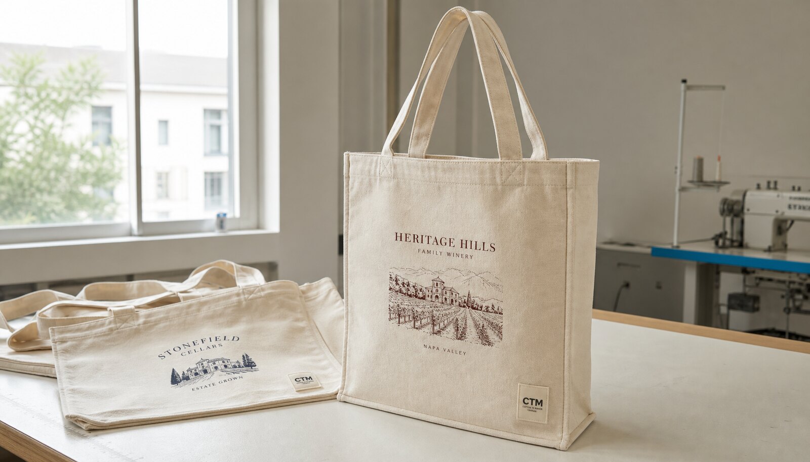 Canvas exhibition tote bags with a small CTM CottonToMaker sample logo in a factory sample room