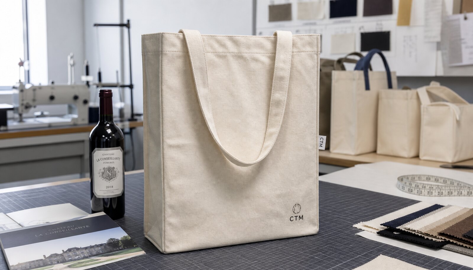Natural canvas winery exhibition tote bag with a sewn CTM sample label in a factory sample room