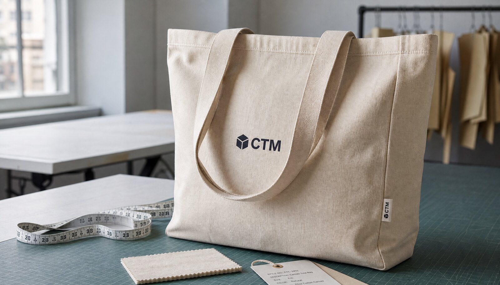 Natural canvas exhibition tote bag for wineries with a simple CTM sample logo, shown in a clean factory sample room