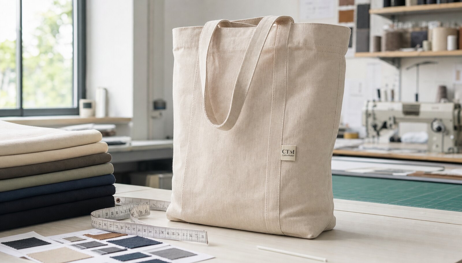 Photorealistic canvas exhibition tote bag with a small CTM/CottonToMaker logo, shown in a clean sample room with realistic stitching and fabric texture.