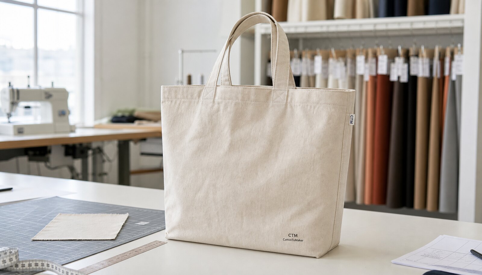 Natural canvas exhibition tote bag with a small CTM sample logo printed on the front in a clean factory sample room.