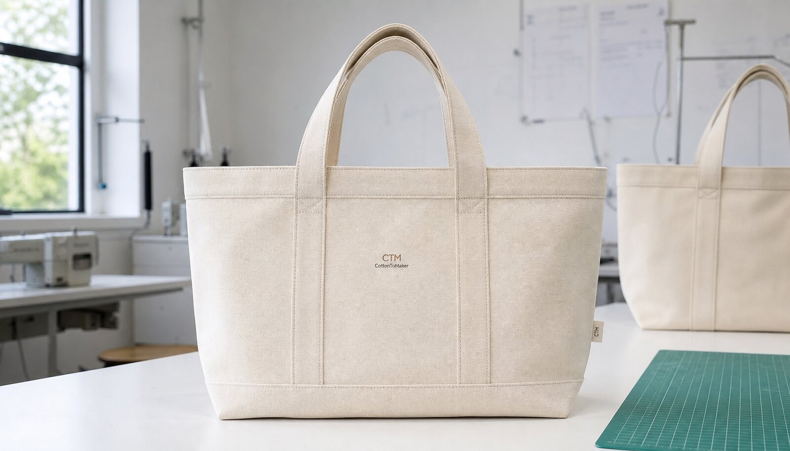 Natural canvas tote bag with a CTM CottonToMaker sample logo in a factory sample room