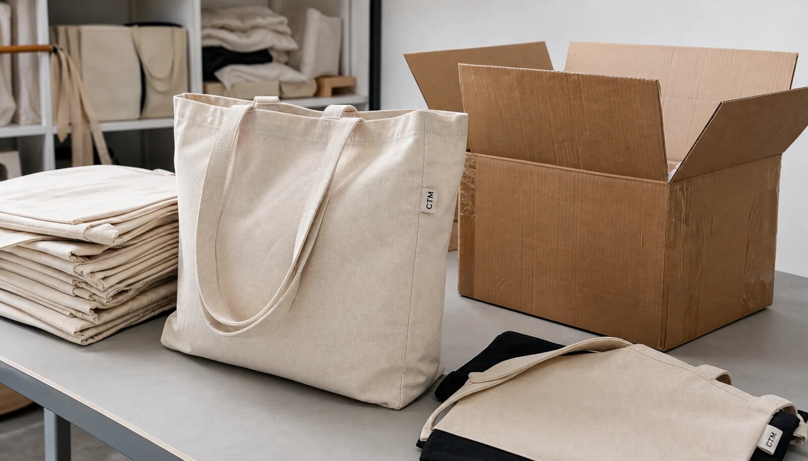 Natural canvas grocery tote bags with a small CottonToMaker side label displayed beside an open shipping carton in a factory sample room.