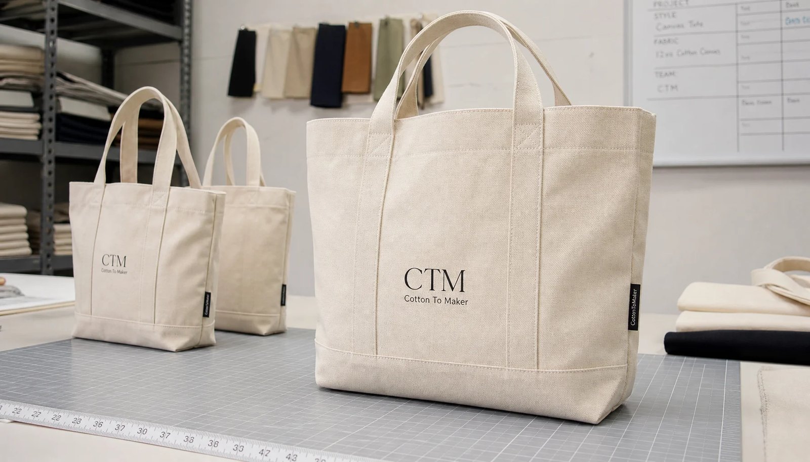 Custom canvas grocery tote sample with CTM logo and CottonToMaker side label in a factory sample room