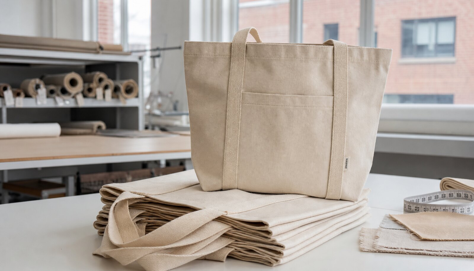 Canvas grocery tote with a small CTM sample logo in a factory sample room