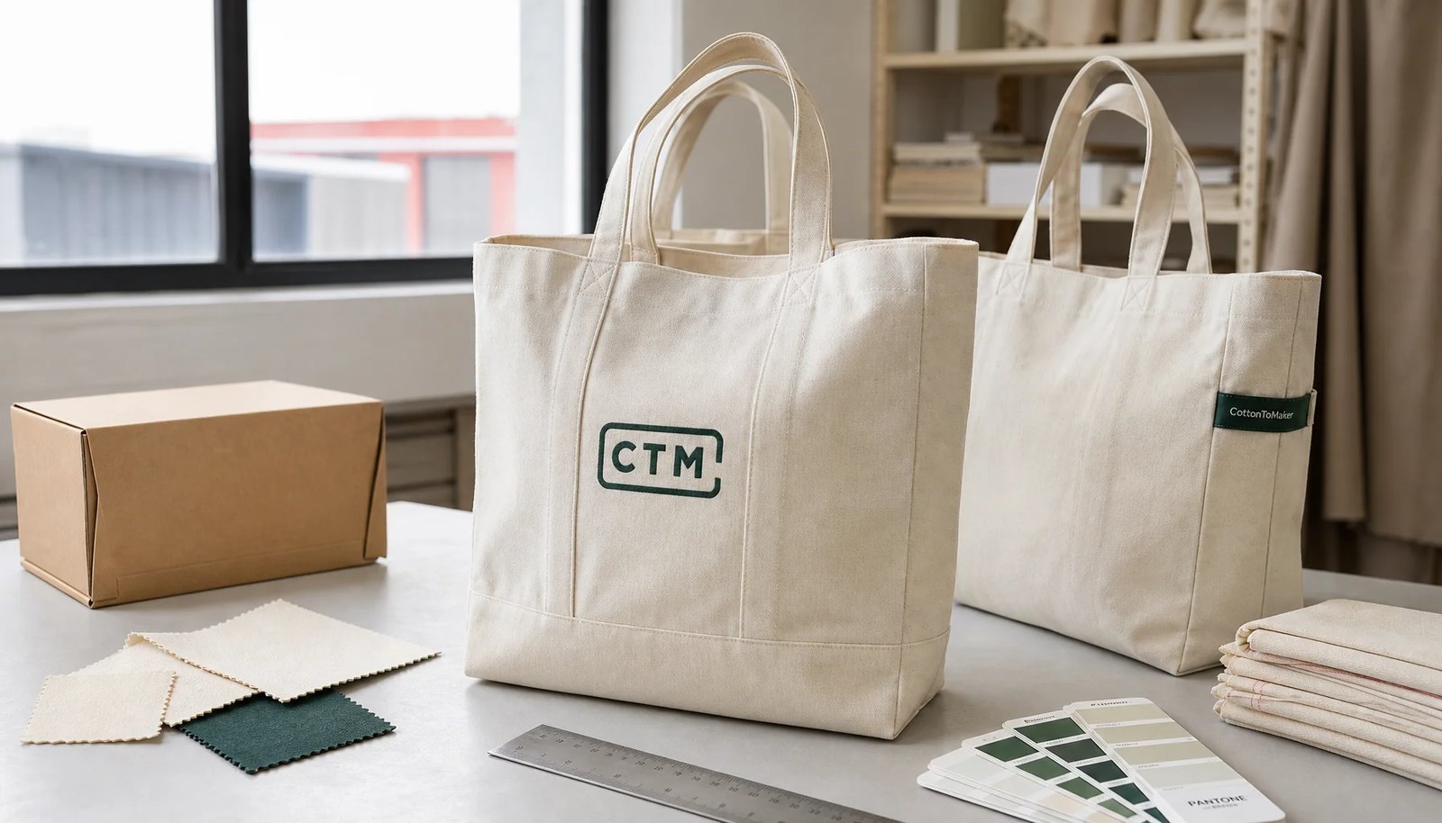 Natural canvas grocery totes with CTM sample logo in a factory sample room