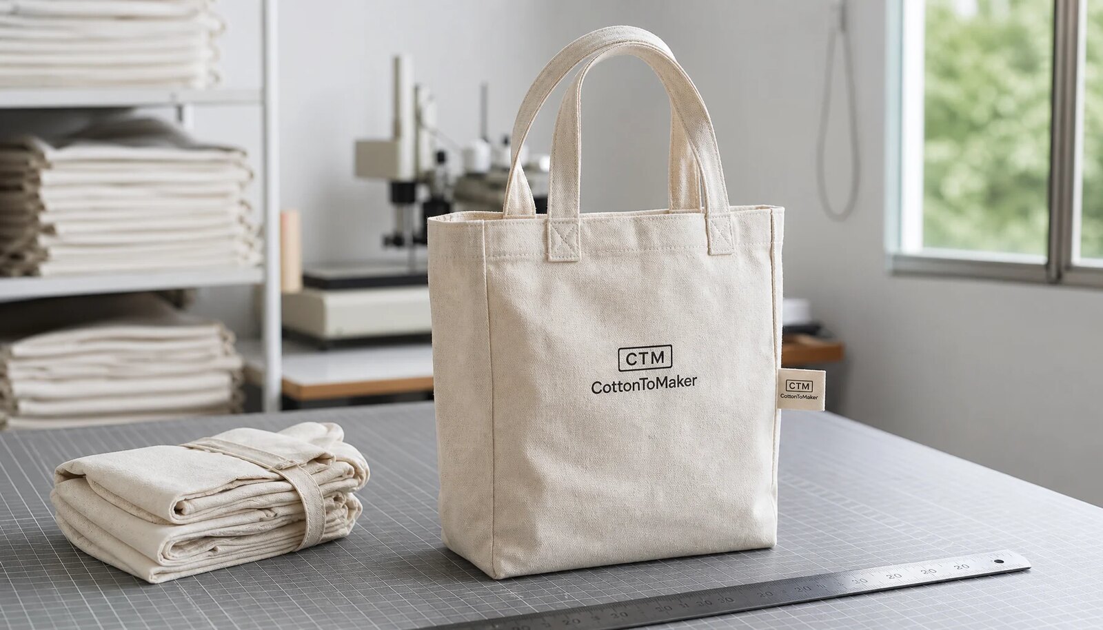 Photorealistic natural canvas grocery tote with CTM sample logo in a factory sample room.